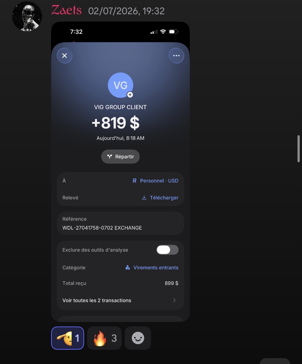 Virement de 819 $ reçu sur un compte bancaire