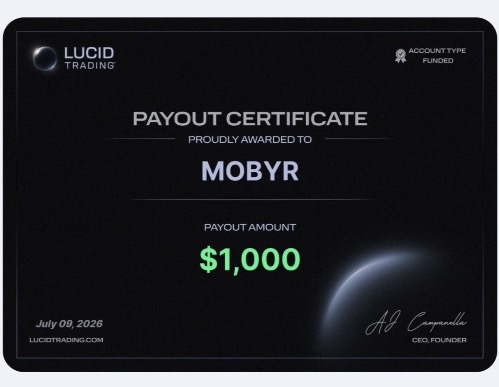 Certificat de payout Lucid Trading de 1 000 $ au nom de Mobyr