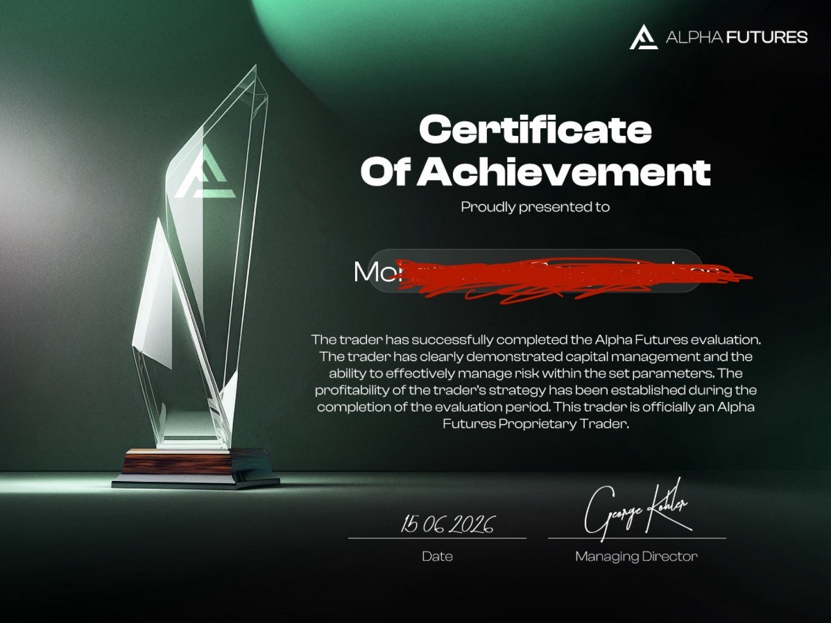 Certificat de trader financé Alpha Futures au nom de Mobyr
