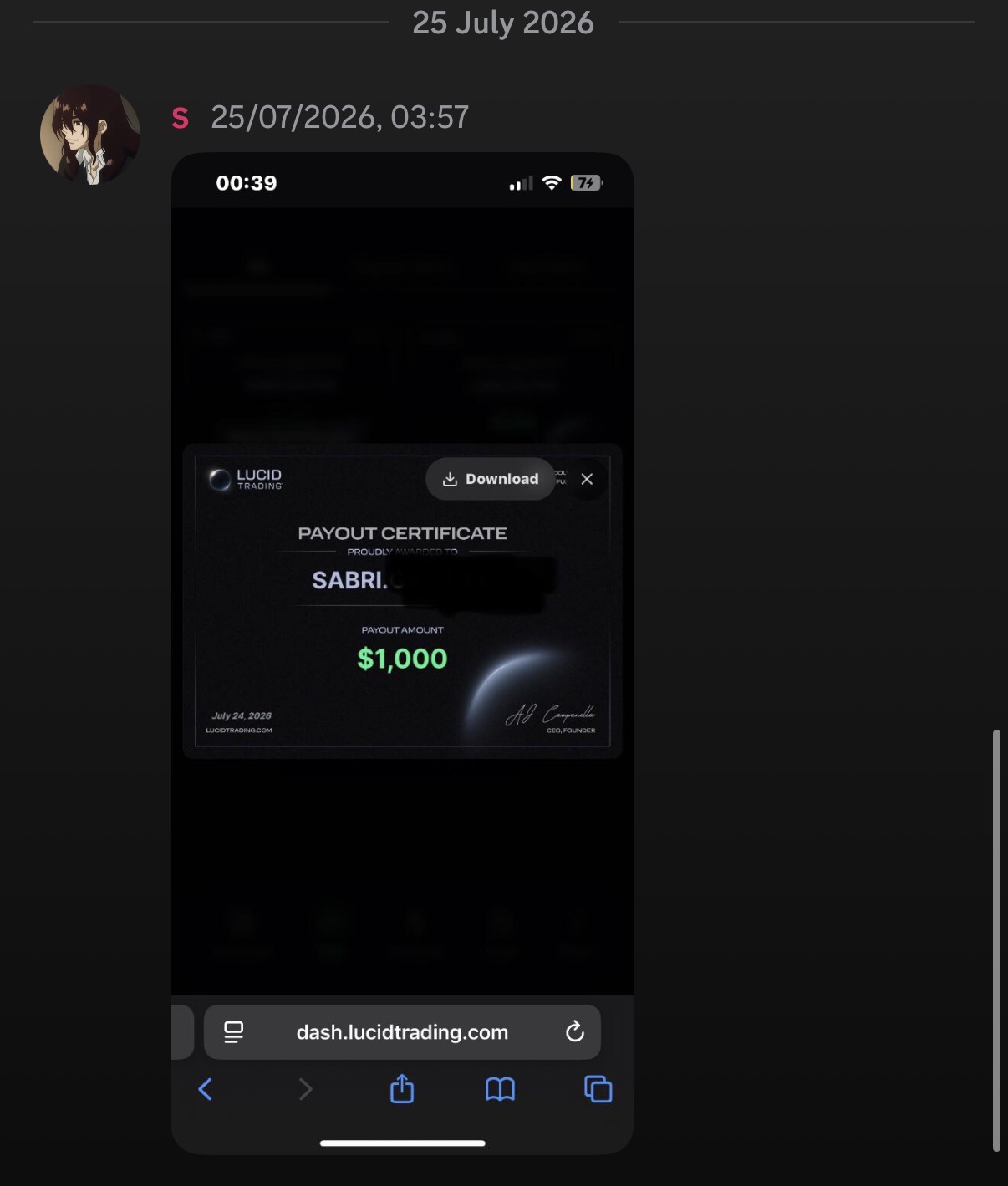 Certificat de payout de 1 000 $