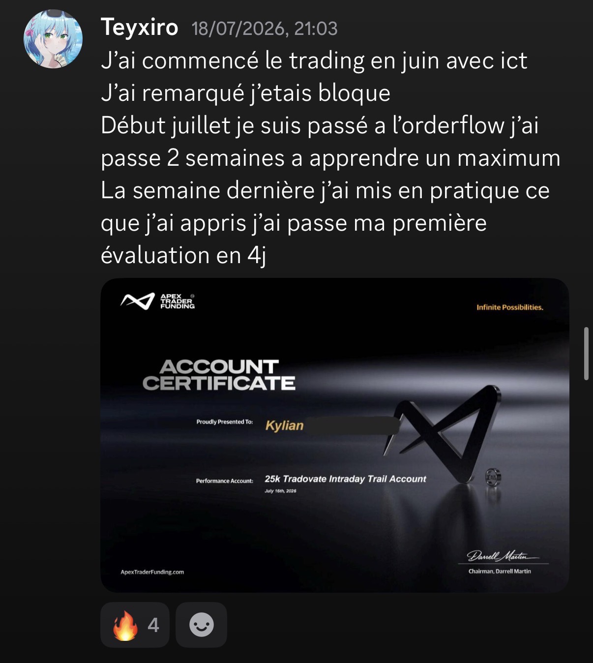 Certificat de compte financé Apex 25K obtenu par un membre